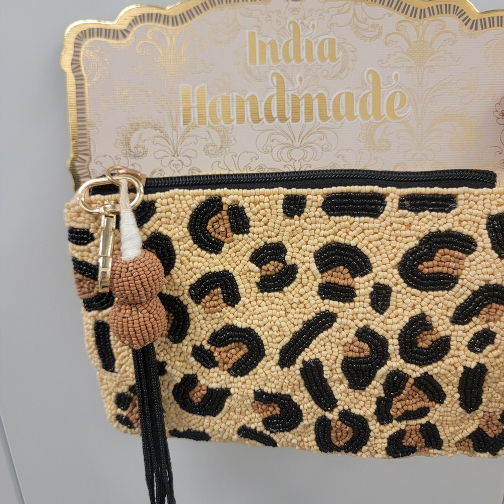 NEW Handmade In India Hand Beaded Leopard‎ Animal Print Pouch Bag Tasseled
